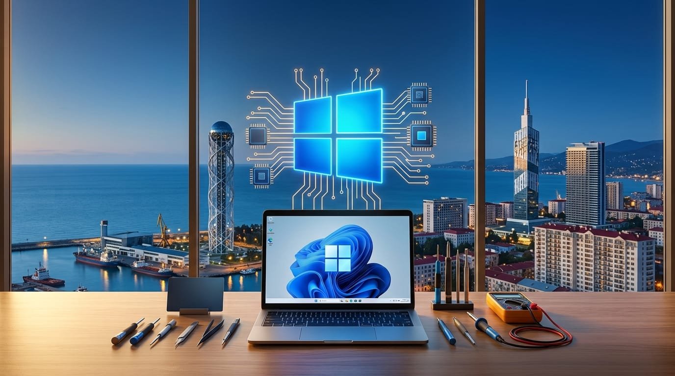 Ноутбук с Windows 11 и инструменты мастера на фоне Батуми
